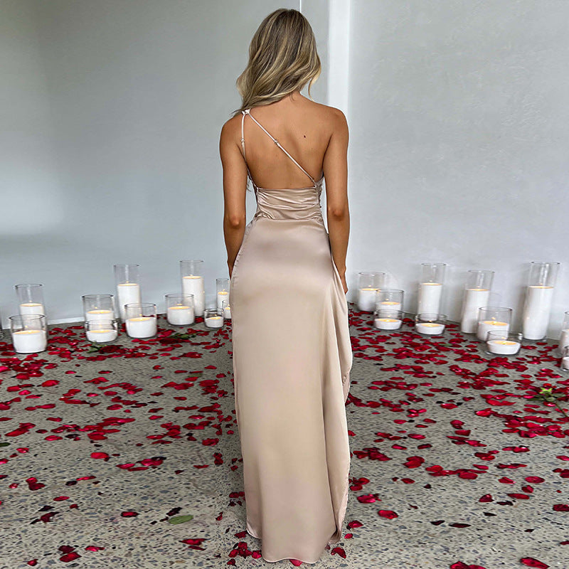 Sexy One-shoulder Backless Slit Dress Summer Elegant Slim-fit Solid Color Satin Dresses For Women EHAD +