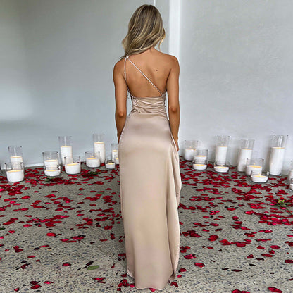 Sexy One-shoulder Backless Slit Dress Summer Elegant Slim-fit Solid Color Satin Dresses For Women EHAD +