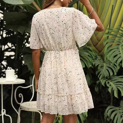 Fashion Slim Fit V-neck Printed Short Sleeve Dress EHAD +