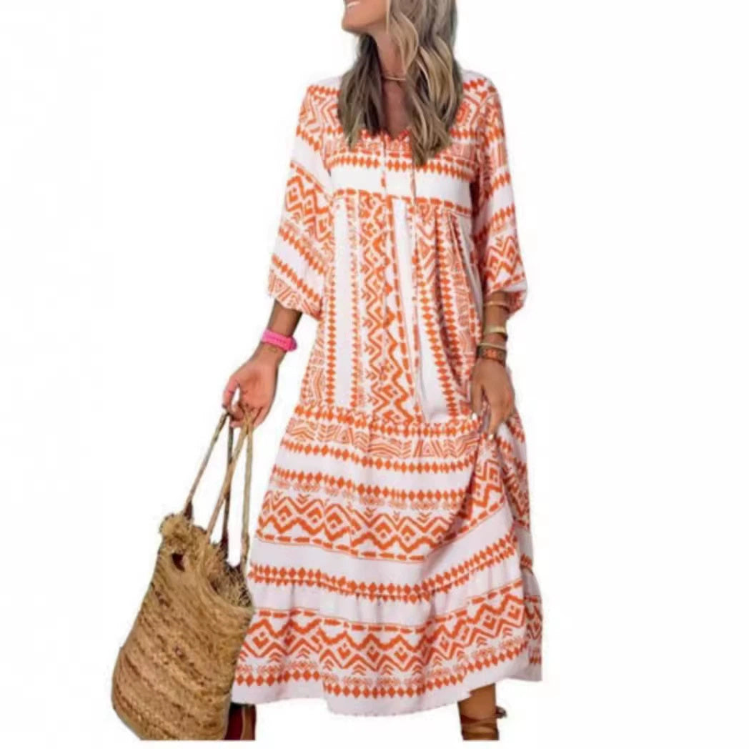 Summer Women's Vintage Printed Bohemian Dress Elegant Ladies Casual Loose V-Neck Short Sleeve Long Dresses EHAD +