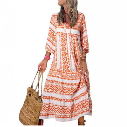 Summer Women's Vintage Printed Bohemian Dress Elegant Ladies Casual Loose V-Neck Short Sleeve Long Dresses EHAD +
