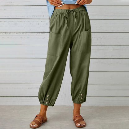 Women Drawstring Tie Pants Spring Summer Cotton And Linen Trousers With Pockets Button EHAD +