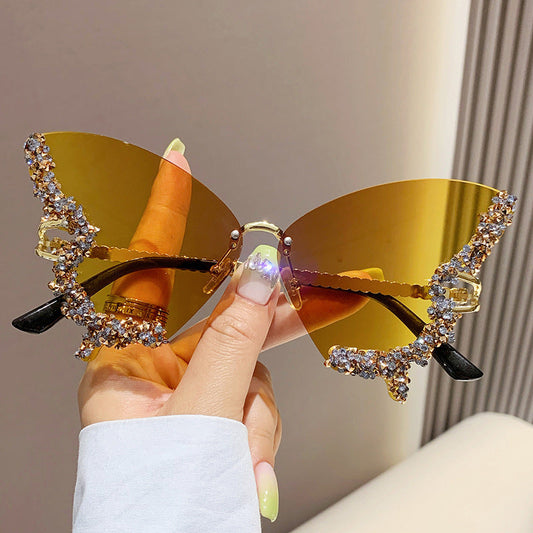 Luxury Diamond Butterfly Sunglasses Women Brand Y2K Vintage Rimless Oversized Sun Glasses Ladies Eyewear Shades EHAD +