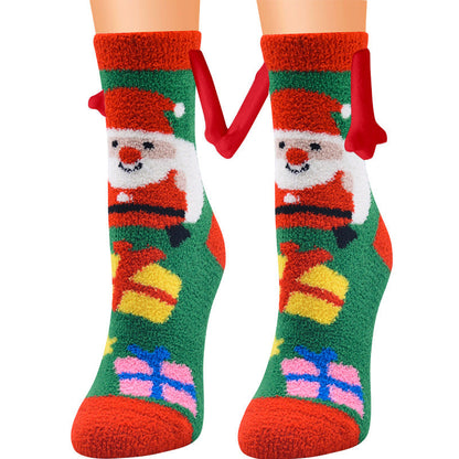 Christmas Supplies Magnetic Suction Hand In Hand Couple Socks Coral Fleece Tube Socks Warm Slipper Bed Socks Winter Soft Warm Slipper EHAD +