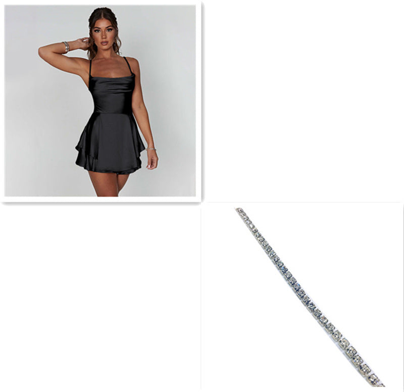 Sexy Suspender Skirt For Women Elegant Slim Strap Satin Backless Lace Up A-Line Short Dress Lady EHAD +