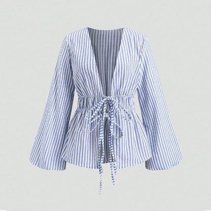 European And American Style Striped Long-sleeve Tie-waist Women's Shirt EHAD +