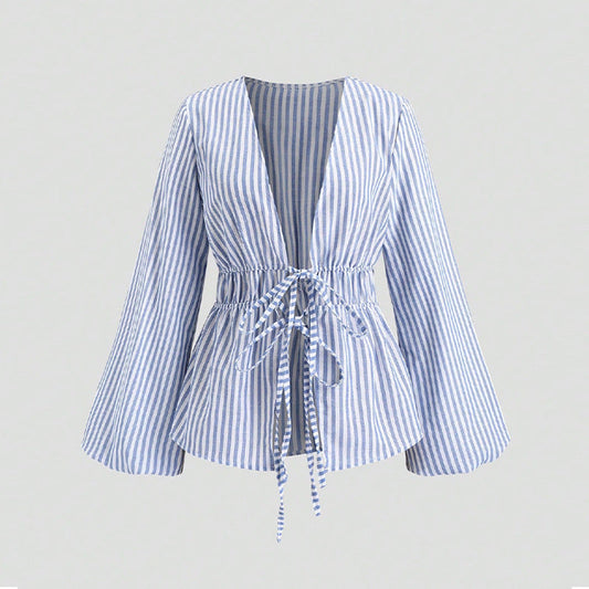 European And American Style Striped Long-sleeve Tie-waist Women's Shirt EHAD +