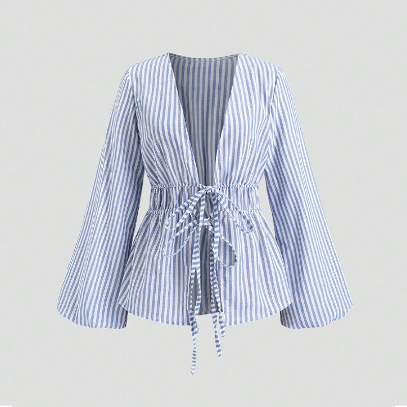 European And American Style Striped Long-sleeve Tie-waist Women's Shirt EHAD +