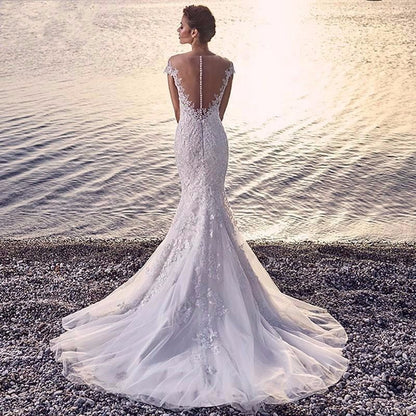 Princess Bride Mermaid Wedding Dress White Trailing Perspective Backless Lace Wedding Dress EHAD +