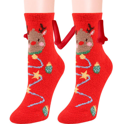 Christmas Supplies Magnetic Suction Hand In Hand Couple Socks Coral Fleece Tube Socks Warm Slipper Bed Socks Winter Soft Warm Slipper EHAD +