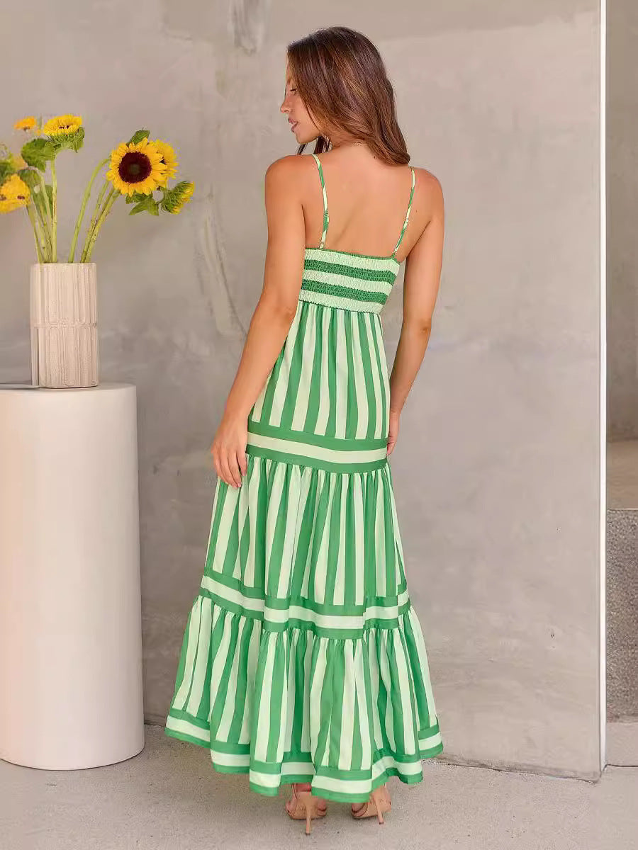 Summer Striped Printed Suspender Long Dress With Pockets Fashion Square Neck Backless Dresses For Beach Vacation Women Clothing EHAD +