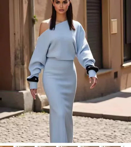 Ins Slim Long Sleeve Knitted Dress Evening Party Sexy Off-shoulder Bodycon Long Dresses EHAD +