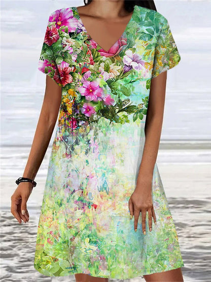 Women's Loose Floral Retro Print Dress EHAD +