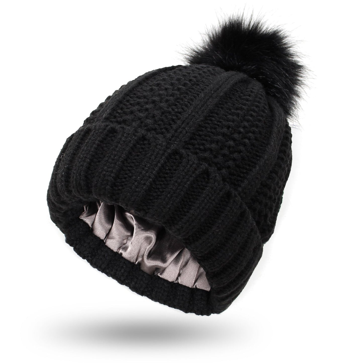 Fashion Stretchy Satin Lined Skull Knit Hats Beanie Hat For Women Faux Fur Pom Pom Hat Winter Keep Warming Beanie Hat EHAD +