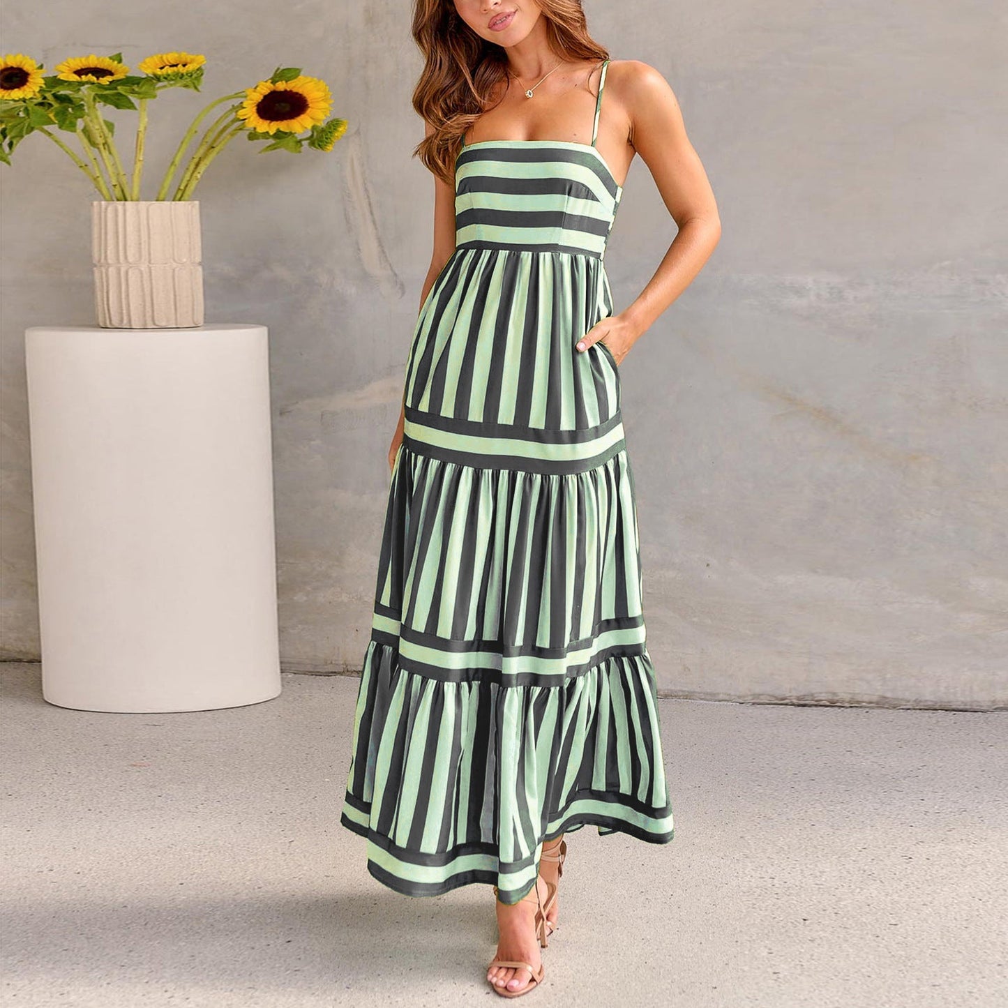Summer Striped Printed Suspender Long Dress With Pockets Fashion Square Neck Backless Dresses For Beach Vacation Women Clothing EHAD +
