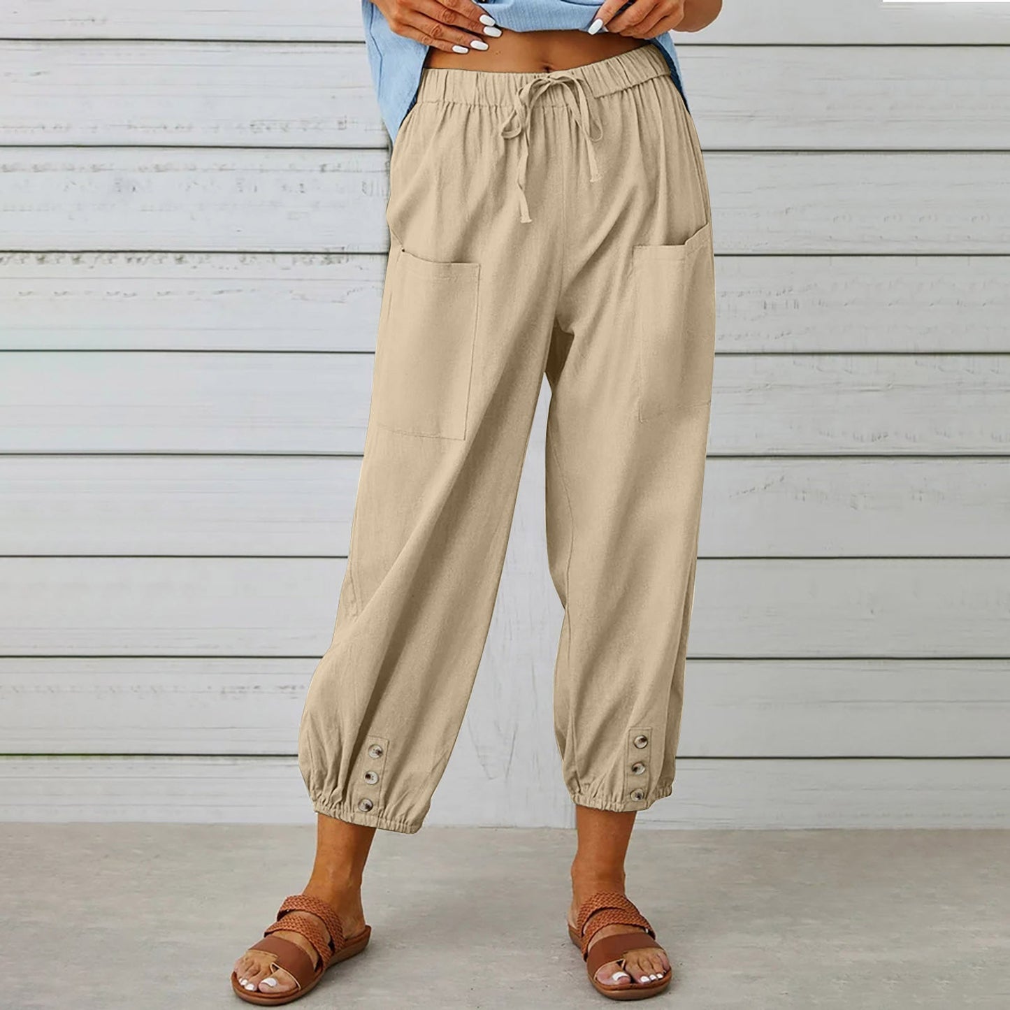 Women Drawstring Tie Pants Spring Summer Cotton And Linen Trousers With Pockets Button EHAD +