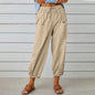 Women Drawstring Tie Pants Spring Summer Cotton And Linen Trousers With Pockets Button EHAD +