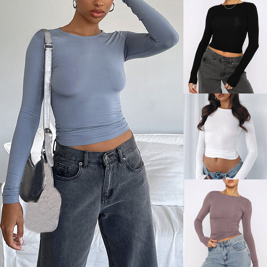 Women's Clothing Fashion Slim Long-sleeved Pullovers Tops Solid Causal Fit Shirts EHAD +