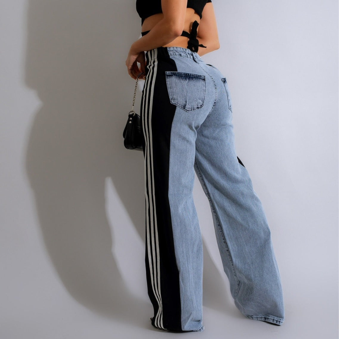 2024 Fashion Casual High Waist Elastic Straight Leg Trousers Three Stripe Patchwork Denim Wide Leg Pants Streetwear EHAD +