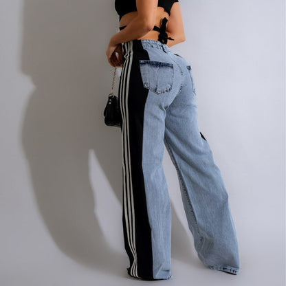 2024 Fashion Casual High Waist Elastic Straight Leg Trousers Three Stripe Patchwork Denim Wide Leg Pants Streetwear EHAD +