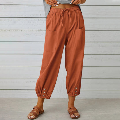 Women Drawstring Tie Pants Spring Summer Cotton And Linen Trousers With Pockets Button EHAD +