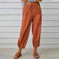 Women Drawstring Tie Pants Spring Summer Cotton And Linen Trousers With Pockets Button EHAD +