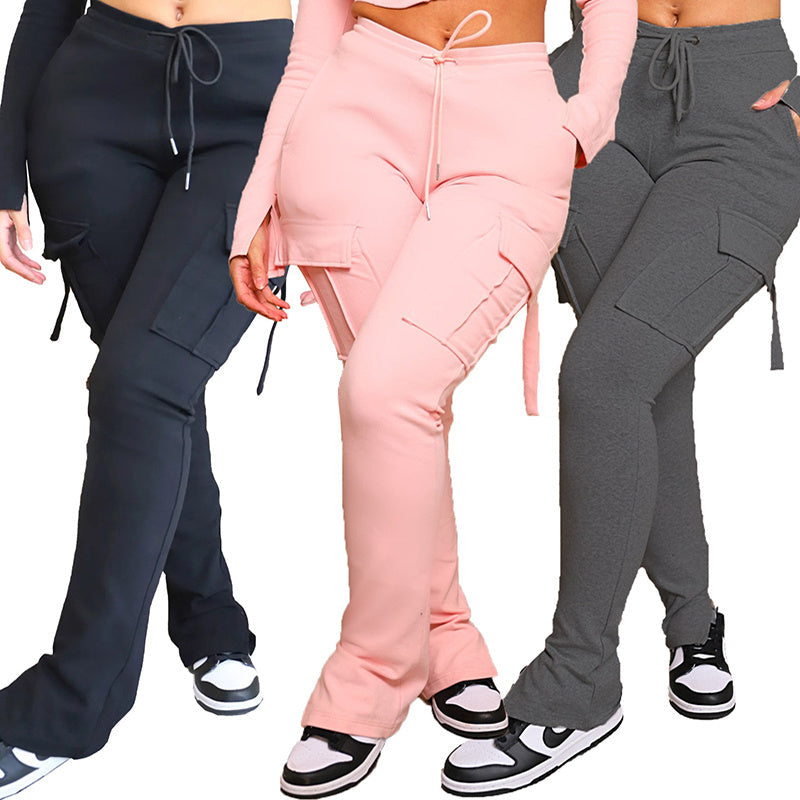 Cargo Pants With Pockets High Waist Drawstring Wide Leg Straight Trousers For Women Overalls EHAD +