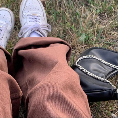 Brown Jeans Retro American Solid Color Looks Thin EHAD +