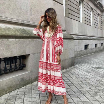 Summer Women's Vintage Printed Bohemian Dress Elegant Ladies Casual Loose V-Neck Short Sleeve Long Dresses EHAD +