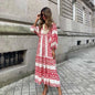 Summer Women's Vintage Printed Bohemian Dress Elegant Ladies Casual Loose V-Neck Short Sleeve Long Dresses EHAD +