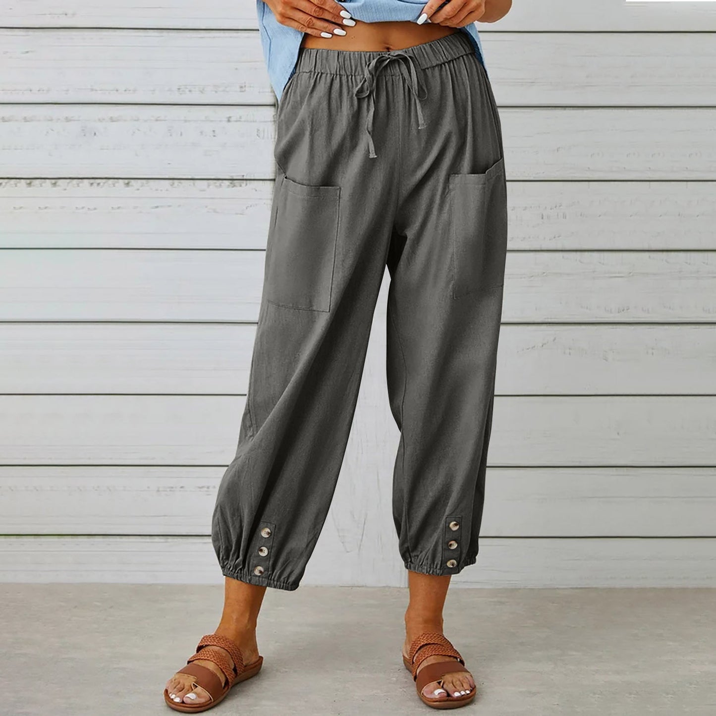 Women Drawstring Tie Pants Spring Summer Cotton And Linen Trousers With Pockets Button EHAD +