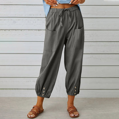 Women Drawstring Tie Pants Spring Summer Cotton And Linen Trousers With Pockets Button EHAD +