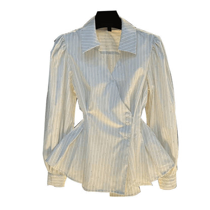 Temperament Waist-tie Long-sleeved Shirt Striped Cardigan Women EHAD +