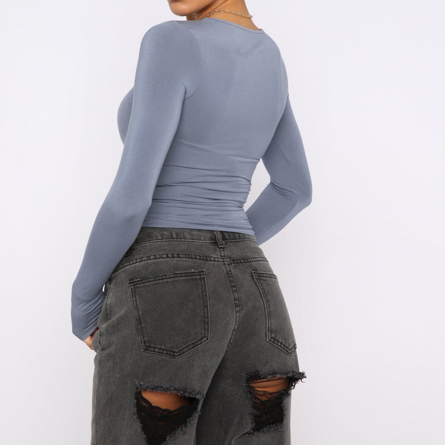 Women's Clothing Fashion Slim Long-sleeved Pullovers Tops Solid Causal Fit Shirts EHAD +