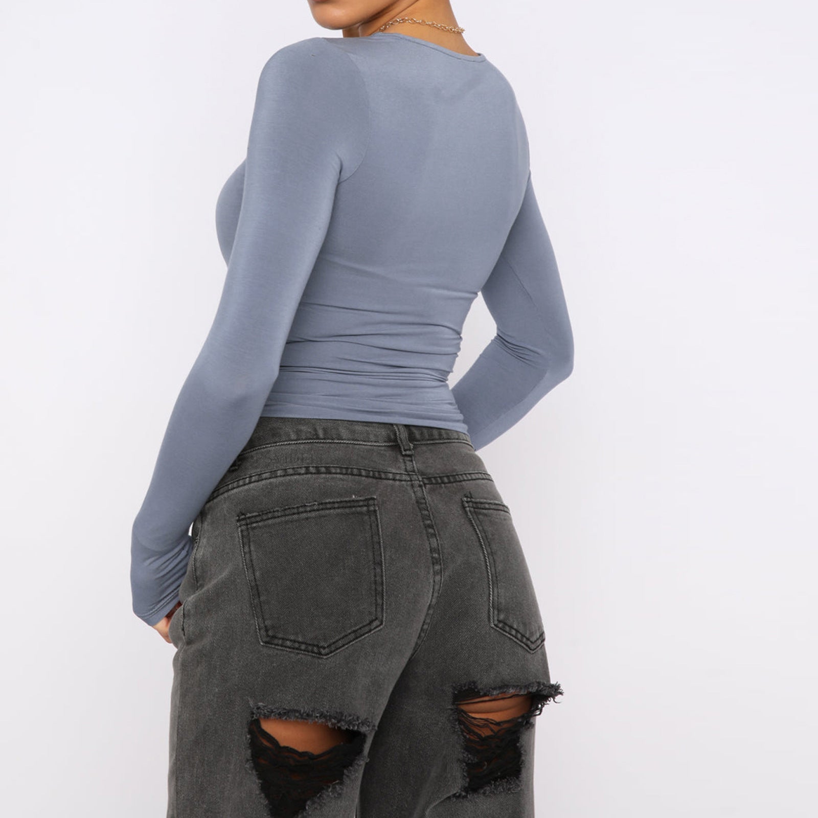 Women's Clothing Fashion Slim Long-sleeved Pullovers Tops Solid Causal Fit Shirts EHAD +