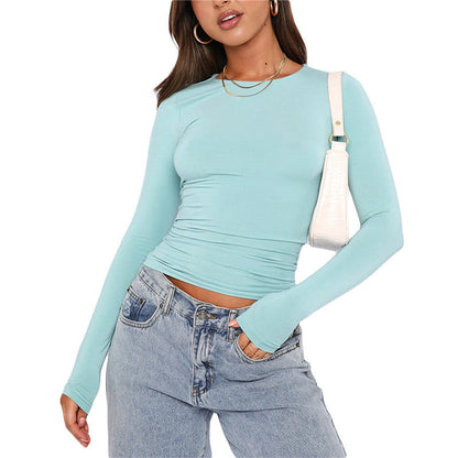 Women's Clothing Fashion Slim Long-sleeved Pullovers Tops Solid Causal Fit Shirts EHAD +