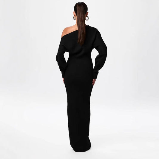 Ins Slim Long Sleeve Knitted Dress Evening Party Sexy Off-shoulder Bodycon Long Dresses EHAD +