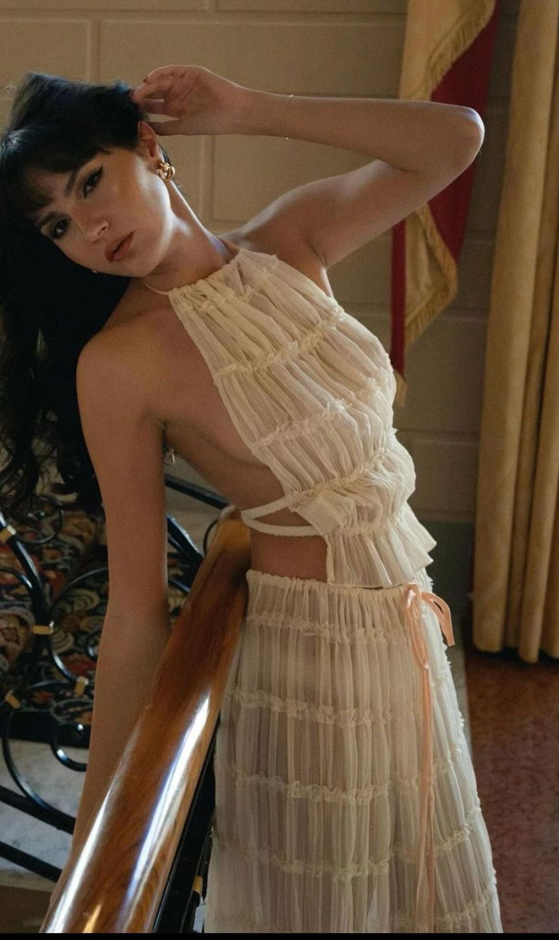 2pcs Women's Dress Suit Sexy Sleeveless Backless Cropped Halter Top And Pleated Long Skirt Beach Clothing EHAD +