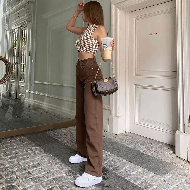 Brown Jeans Retro American Solid Color Looks Thin EHAD +