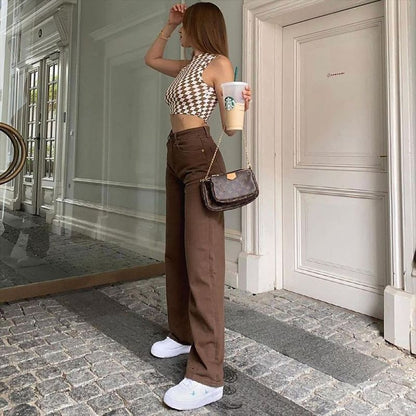 Brown Jeans Retro American Solid Color Looks Thin EHAD +