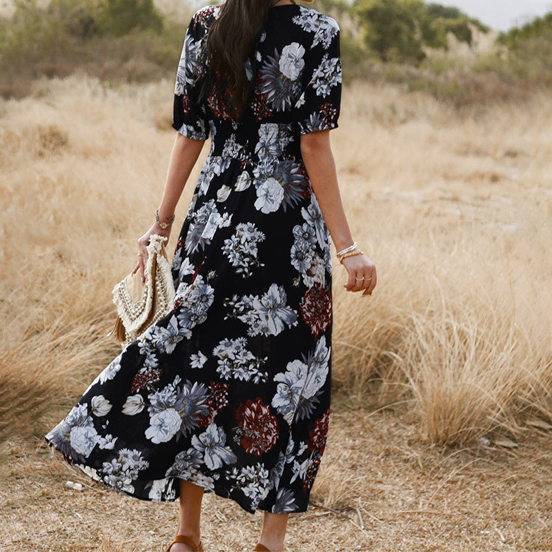 Floral Summer Beach Dress With V Neck Elastic Waist Dresses For Women EHAD +