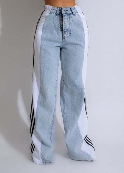 2024 Fashion Casual High Waist Elastic Straight Leg Trousers Three Stripe Patchwork Denim Wide Leg Pants Streetwear EHAD +