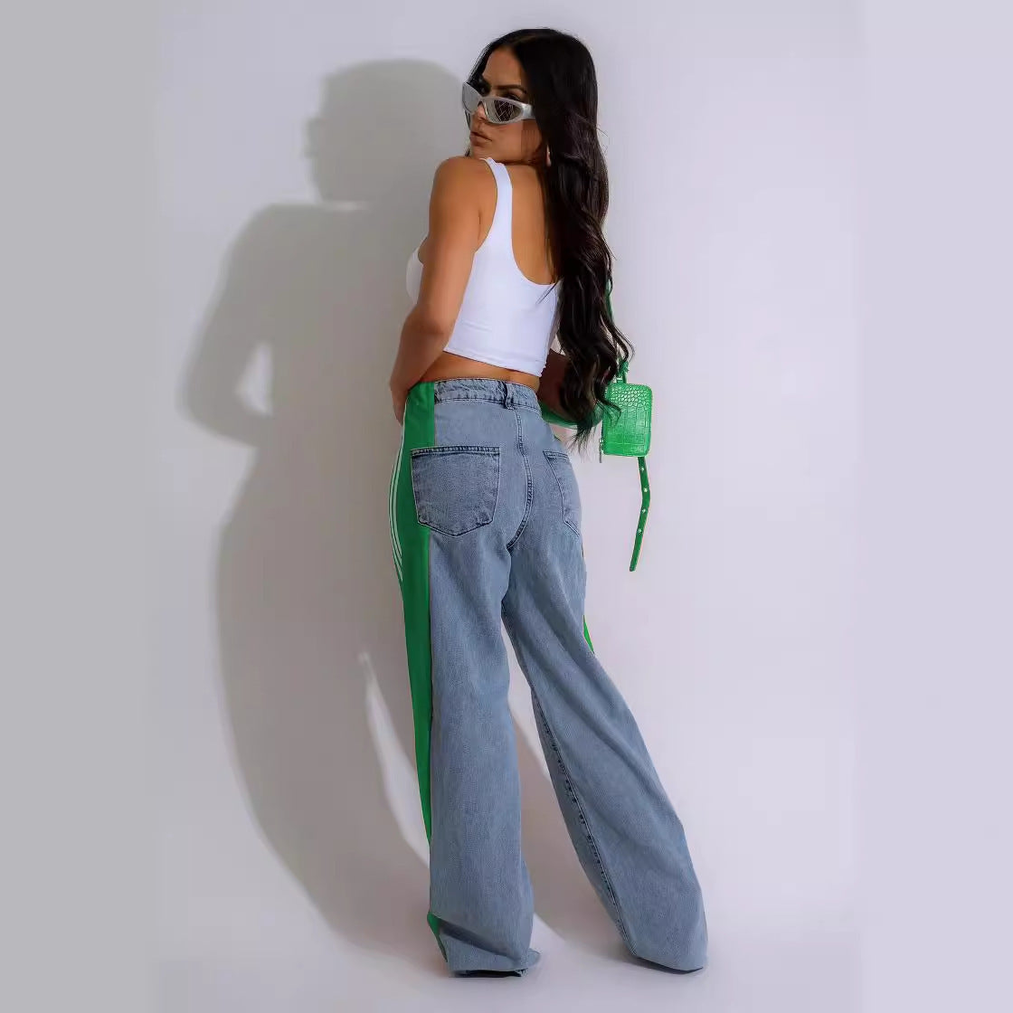 2024 Fashion Casual High Waist Elastic Straight Leg Trousers Three Stripe Patchwork Denim Wide Leg Pants Streetwear EHAD +