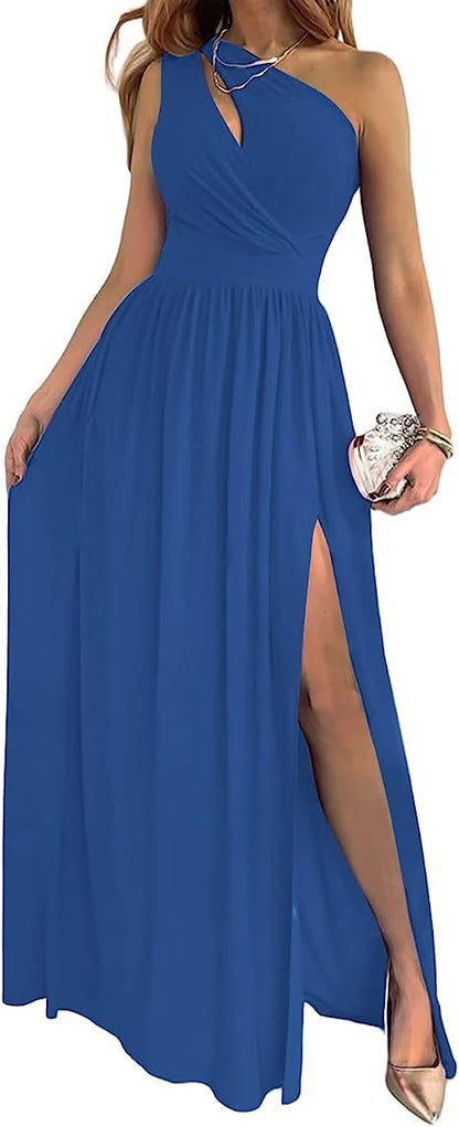Women's One Shoulder High Split Cutout Sleeveless Elegant Sexy Cocktail Maxi Dress EHAD +