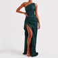 Sexy One-shoulder Backless Slit Dress Summer Elegant Slim-fit Solid Color Satin Dresses For Women EHAD +