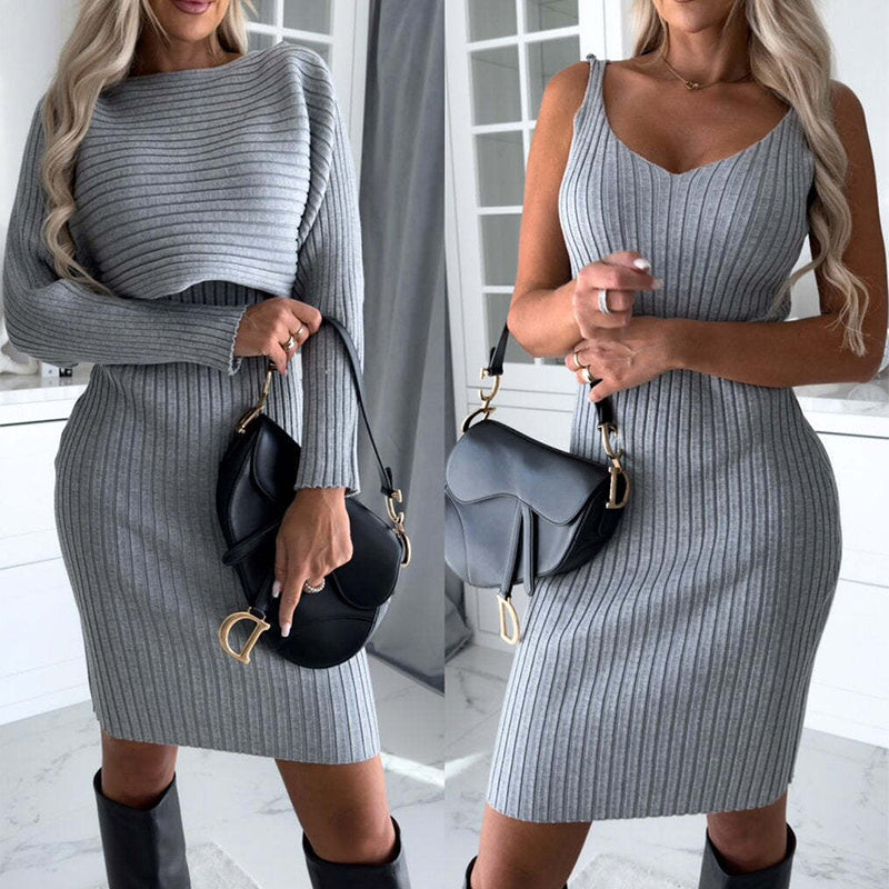 2pcs Suit Women's Solid Stripe Long-sleeved Top And Tight Suspender Skirt Fashion Autumn Winter Slim Clothing EHAD +
