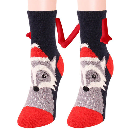 Christmas Supplies Magnetic Suction Hand In Hand Couple Socks Coral Fleece Tube Socks Warm Slipper Bed Socks Winter Soft Warm Slipper EHAD +