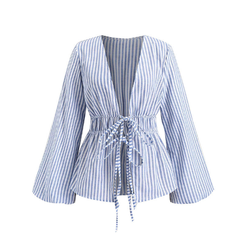 European And American Style Striped Long-sleeve Tie-waist Women's Shirt EHAD +