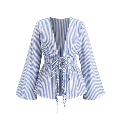 European And American Style Striped Long-sleeve Tie-waist Women's Shirt EHAD +