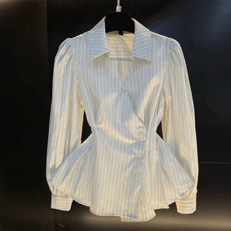 Temperament Waist-tie Long-sleeved Shirt Striped Cardigan Women EHAD +
